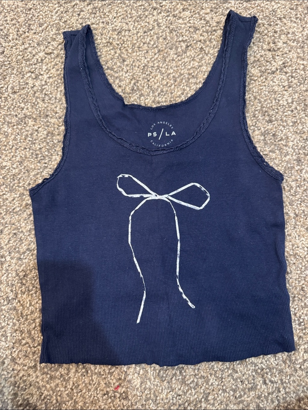 PacSun Navy Ribbed Tank Top with White Bow Graphic